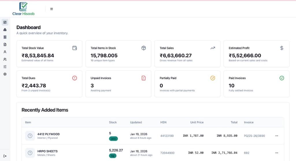 Clear Hisaab Dashboard Interface