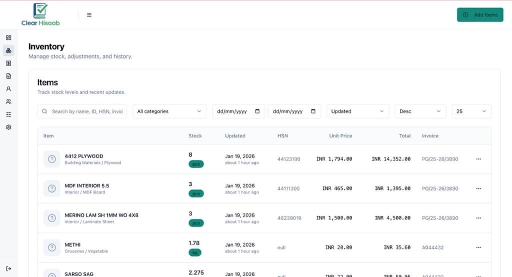 Clear Hisaab Inventory Management Interface
